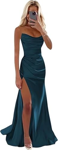 JIIL Abendkleider Lang,Damen Elegant Abendkleider Mit Schlitz Lange Satin Brautjungfernkleid A-Linie Sexy Ballkleid Festlich Kleider Blaugrün 34 von JIIL