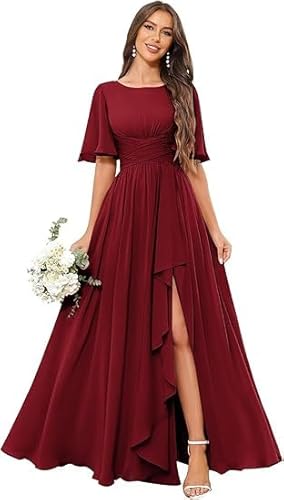JIIL Abendkleider Lang Damen Elegante Brautjungfernkleid Chiffon Plissiert Hohe Taille Schlitz Lang Ärmel Formelles Abendkleid Dunkler Burgunder 50 von JIIL