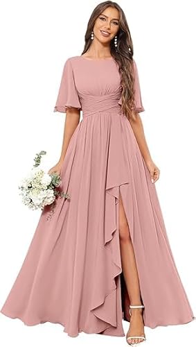 JIIL Abendkleider Lang Elegant Damen Elegante Brautjungfernkleid Chiffon Plissiert Hohe Taille Schlitz Lang Ärmel Formelles Abendkleid Staubige Rose 50 von JIIL