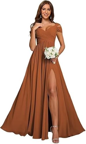 JIIL Abendkleider Lang Mit Ärmeln,Damen Off Shoulder Chiffon Brautjungfernkleider Lang - Formeller A-Linie V-Ausschnitt Lang Abendkleider Elegant Hochzeit Schlitz Verbrannte Orange 42 JIIL Abendkleider Lang Mit Ärmeln,Damen Off Shoulder Chiffon Brautjungfernkleider Lang - Formeller A-Linie V-Ausschnitt Lang Abendkleider Elegant Hochzeit Schlitz Verbrannte Orange 42 von JIIL