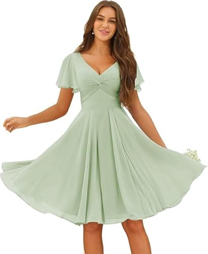 JIIL Abendkleider Langarm Damen Chiffon Knielang Brautjungfernkleider V-Ausschnitt Formal Hochzeit A-Linie Abendkleid Mit Taschen Weise Grün A 44 JIIL Abendkleider Langarm Damen Chiffon Knielang Brautjungfernkleider V-Ausschnitt Formal Hochzeit A-Linie Abendkleid Mit Taschen Weise Grün A 44 von JIIL