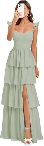 JIIL Abendkleider Langarm Damen Geschichtet Ruffles Chiffon Brautjungfernkleider Spaghettiträger V-Ausschnitt Formelle Plissierte Lang Abendkleider Weise Grün A 34 von JIIL