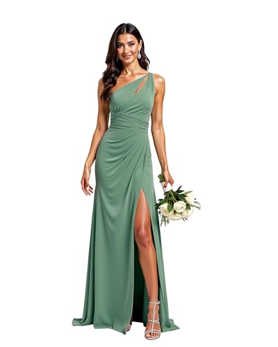 JIIL Abendkleider Langarm Lang Damen Lang A-Linie Abendkleid Chiffon Eins Schulter Elegant Brautjungfernkleider Pastellgrün 40 von JIIL