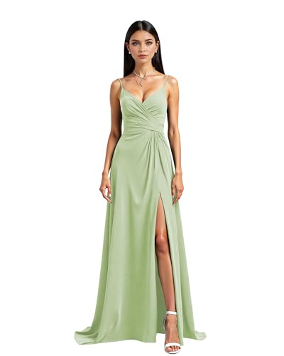 JIIL Abendkleider Mit Ärmel Damen Spaghettiträger Chiffon Brautjungfernkleider Hochzeit Lange Elegant Ballkleider A-Linie Formelles Abendkleid Mit Schlitz Salbei Grün C 40 von JIIL