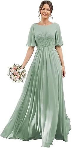 JIIL Abiballkleid,Damen Brautjungfernkleider Lang Chiffon Flutter Sleeve Abendkleid A-Line Hochzeit Festlich Ballkleider Partykleid Mit Taschen Salbei Grün B 44 von JIIL