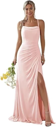 JIIL Abiballkleid,Damen Brautjungfernkleider Lang - Chiffon Hochzeit Abendkleider Elegant Mit Schlitz A Linie Spaghettiträger Ballkleider Verbrannte Orange 34 von JIIL
