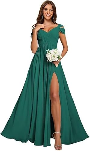 JIIL Abiballkleider,Damen Off Shoulder Chiffon Brautjungfernkleider Lang - Formeller A-Linie V-Ausschnitt Lang Abendkleider Elegant Hochzeit Schlitz Pfau 44 von JIIL