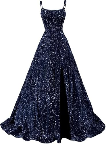 JIIL Abiballkleider Lang,Damen Abendkleider Glitzer Lang Spaghettiträgern Sparkly Formelle Abiballkleider Mit Schlitz Festliche Kleider Marine 46 von JIIL