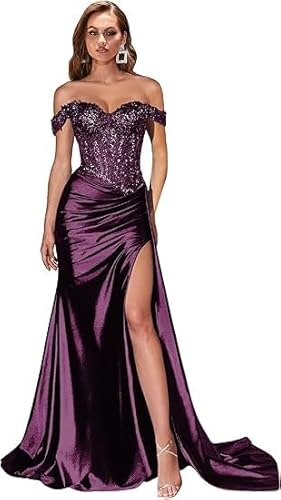 JIIL Abiballkleider Lang,Damen Schulterfreies Abendkleider Glitzer Lang Satin Meerjungfrau Falte Brautjungfernkleid Formeller Hochzeit Kleid Pflaume 38 von JIIL