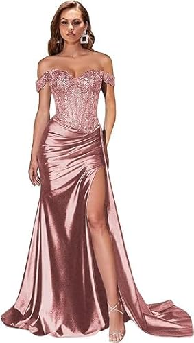 JIIL Abiballkleider Lang,Damen Schulterfreies Abendkleider Glitzer Lang Satin Meerjungfrau Falte Brautjungfernkleid Formeller Hochzeit Kleid Staubige Rose 38 von JIIL