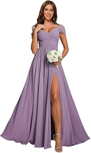JIIL Abschlussballkleid,Damen Off Shoulder Chiffon Brautjungfernkleider Lang - Formeller A-Linie V-Ausschnitt Lang Abendkleider Elegant Hochzeit Schlitz Wisteria 58 von JIIL