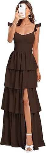 JIIL Abschlussballkleid Lang Damen Geschichtet Ruffles Chiffon Brautjungfernkleider Spaghettiträger V-Ausschnitt Formelle Plissierte Lang Abendkleider Braun 58 JIIL Abschlussballkleid Lang Damen Geschichtet Ruffles Chiffon Brautjungfernkleider Spaghettiträger V-Ausschnitt Formelle Plissierte Lang Abendkleider Braun 58 von JIIL