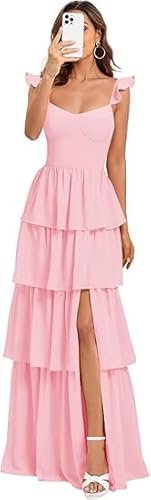 JIIL Abschlussballkleid Lang Damen Geschichtet Ruffles Chiffon Brautjungfernkleider Spaghettiträger V-Ausschnitt Formelle Plissierte Lang Abendkleider Rosa A 34 von JIIL