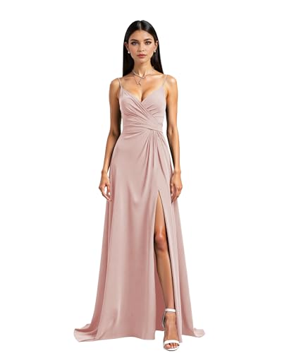 JIIL Abschlussballkleid Lang Damen Spaghettiträger Chiffon Brautjungfernkleider Hochzeit Lange Elegant Ballkleider A-Linie Formelles Abendkleid Mit Schlitz Erröten A 38 von JIIL