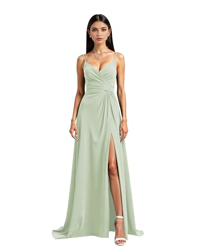 JIIL Abschlussballkleid Lang Damen Spaghettiträger Chiffon Brautjungfernkleider Hochzeit Lange Elegant Ballkleider A-Linie Formelles Abendkleid Mit Schlitz Grün Grau 42 von JIIL