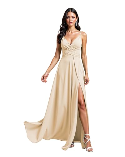 JIIL Amazon Abendkleider,Damen Lange Abendkleider Chiffon V-Ausschnitt Brautjungfernkleider Lang Spaghettiträgern Formelle Hochzeit Party Kleider Mit Schlitz Salbei Grün C 32 von JIIL
