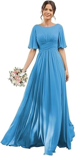 JIIL Ball Kleid,Damen Brautjungfernkleider Lang Chiffon Flutter Sleeve Abendkleid A-Line Hochzeit Festlich Ballkleider Partykleid Mit Taschen Ozeanblau 58 JIIL Ball Kleid,Damen Brautjungfernkleider Lang Chiffon Flutter Sleeve Abendkleid A-Line Hochzeit Festlich Ballkleider Partykleid Mit Taschen Ozeanblau 58 von JIIL