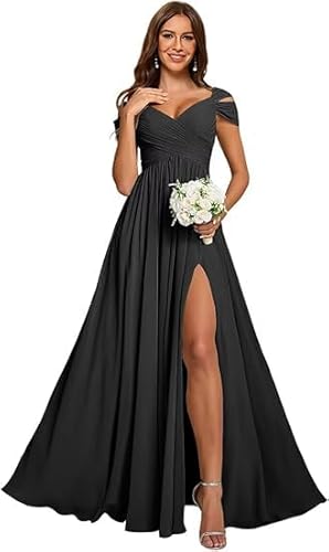 JIIL Ball Kleider,Damen Off Shoulder Chiffon Brautjungfernkleider Lang - Formeller A-Linie V-Ausschnitt Lang Abendkleider Elegant Hochzeit Schlitz Schwarz 42 von JIIL