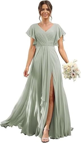 JIIL Ball Kleider Damen Lang,Damen Brautjungfernkleider Lang V-Ausschnitt Kurzarm Chiffon Abendkleider Elegant Für Hochzeit A Linie Kleid Mit Schlitz Hellblau 40 von JIIL