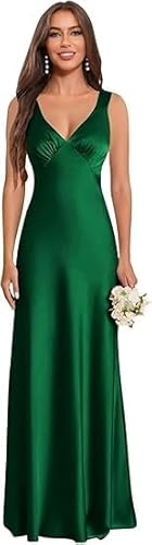 JIIL Ballkleid,Damen Off Shoulder Satin Brautjungfernkleider V-Ausschnitt Spaghettiträger A-Linie Lang Hochzeit Ballkleider Elegant Abendkleid Grün A 42 von JIIL