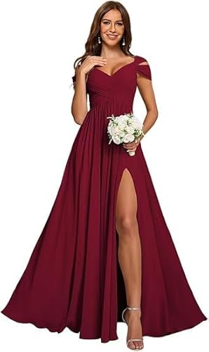 JIIL Ballkleid Damen Lang,Damen Off Shoulder Chiffon Brautjungfernkleider Lang - Formeller A-Linie V-Ausschnitt Lang Abendkleider Elegant Hochzeit Schlitz Weinrot 38 von JIIL