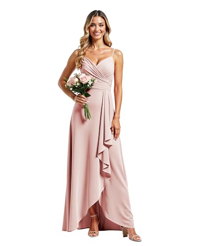 JIIL Ballkleid Damen Lang,Damen Spaghettiträger Brautjungfernkleider Lang Rüschen Chiffon V-Ausschnitt Elegant Ballkleider Erröten A 34 von JIIL