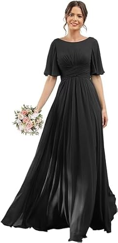 JIIL Ballkleid Rot,Damen Brautjungfernkleider Lang Chiffon Flutter Sleeve Abendkleid A-Line Hochzeit Festlich Ballkleider Partykleid Mit Taschen Schwarz 54 von JIIL