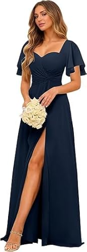 JIIL Ballkleider,Damen Lang Abendkleider Elegant Für Hochzeit - Chiffon Formal A-Linie Brautjungfernkleider Flutterhülsen Ballkleid Mit Schlitz Marine 50 JIIL Ballkleider,Damen Lang Abendkleider Elegant Für Hochzeit - Chiffon Formal A-Linie Brautjungfernkleider Flutterhülsen Ballkleid Mit Schlitz Marine 50 von JIIL