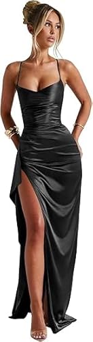 JIIL Ballkleider Damen Lang,Damen Rüsche Spaghettiträger Satin Brautjungfernkleider - A-Linie Formeller Abendkleider Ballkleider Rückenfrei Partykleider Mit Schlitz Schwarz 34 von JIIL