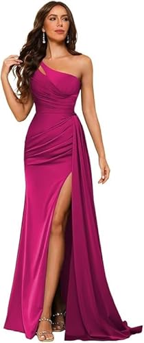 JIIL Ballkleider Damen Lang,Damen Satin Eine Schulter Brautjungfernkleider Lang Meerjungfrau Ballkleider Hochzeit Abendkleider Sommer Partykleid Dunkle Fuchsia 36 von JIIL