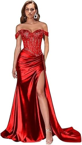 JIIL Ballkleider Damen Lang,Damen Schulterfreies Abendkleider Glitzer Lang Satin Meerjungfrau Falte Brautjungfernkleid Formeller Hochzeit Kleid Rot 38 von JIIL