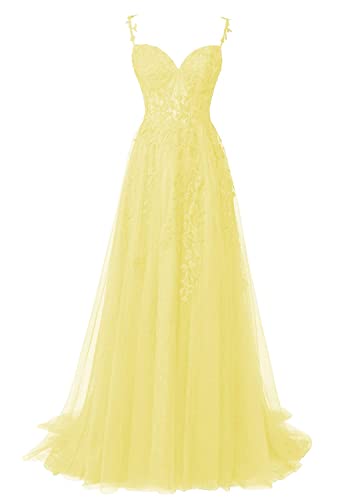 JIIL Ballkleider Lang Elegant - Spitze Applikationen Hochzeit Partykleid mit Schlitz Ärmellos Gelb 52 von JIIL