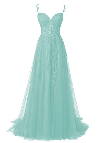 JIIL Ballkleider Lang Elegant - Spitze Applikationen Hochzeit Partykleid mit Schlitz Ärmellos Mintgrün 56 von JIIL