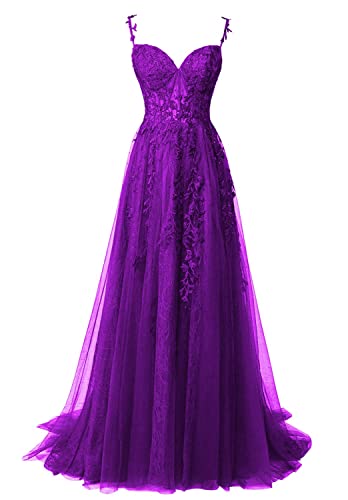 JIIL Ballkleider Lang Elegant - Spitze Applikationen Hochzeit Partykleid mit Schlitz Ärmellos Purpurn 42 von JIIL