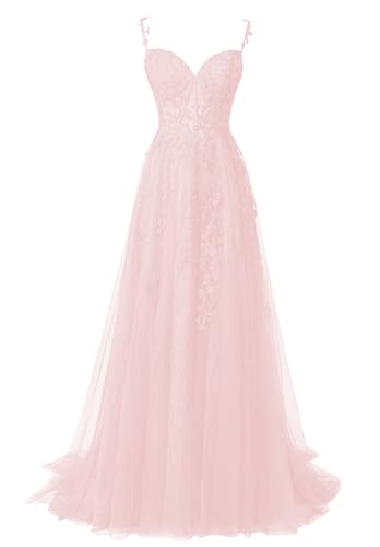 JIIL Ballkleider Lang Elegant - Spitze Applikationen Hochzeit Partykleid mit Schlitz Ärmellos Rosa 38 von JIIL