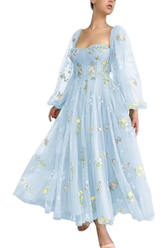 JIIL Ballkleider Lang Tüll Prinzessin - Glitzer Abschlussballkleid A-Linie Ärmellos 2-Eisblau 46 von JIIL