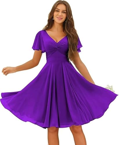JIIL Blaue Brautjungfernkleider Damen Chiffon Knielang Brautjungfernkleider V-Ausschnitt Formal Hochzeit A-Linie Abendkleid Mit Taschen Hellviolett 38 JIIL Blaue Brautjungfernkleider Damen Chiffon Knielang Brautjungfernkleider V-Ausschnitt Formal Hochzeit A-Linie Abendkleid Mit Taschen Hellviolett 38 von JIIL