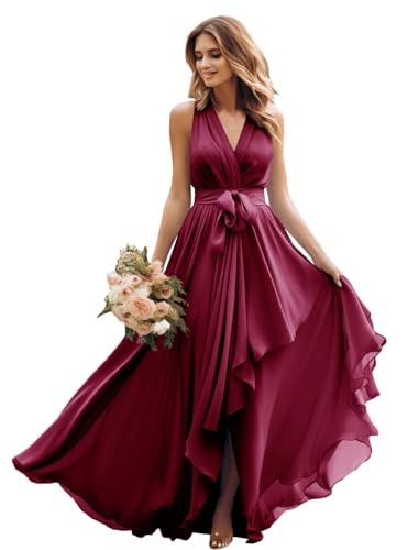 JIIL Brautjungfer Kleid Chiffon Lang - Elegant Abendkleid Hochzeit Partykleid mit Gürtel Burgund 44 von JIIL