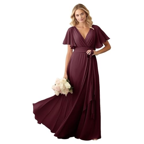 JIIL Brautjungfer Kleid Chiffon Lang - V-Ausschnitt Elegant Hochzeit Partykleid für Damen Dunkel-rot 52 von JIIL