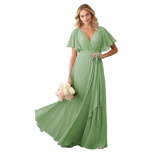 JIIL Brautjungfer Kleid Chiffon Lang - V-Ausschnitt Elegant Hochzeit Partykleid für Damen Grasgrün 52 von JIIL