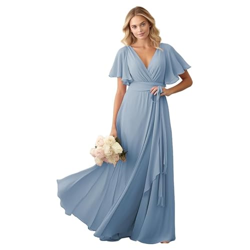 JIIL Brautjungfer Kleid Chiffon Lang - V-Ausschnitt Elegant Hochzeit Partykleid für Damen Grau-blau 56 von JIIL