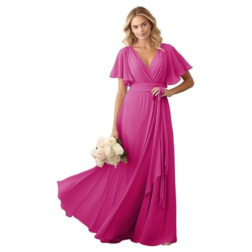 JIIL Brautjungfer Kleid Chiffon Lang - V-Ausschnitt Elegant Hochzeit Partykleid für Damen Hell-Fuchsie 38 von JIIL