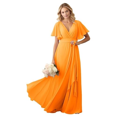 JIIL Brautjungfer Kleid Chiffon Lang - V-Ausschnitt Elegant Hochzeit Partykleid für Damen Hell-orange 56 von JIIL