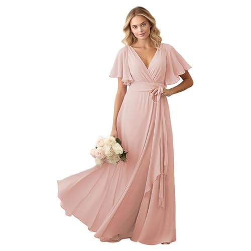 JIIL Brautjungfer Kleid Lang A-Linie 2024 Elegant Abendkleid für Hochzeit Rüschenärmel V-Ausschnitt Festkleid Altrosa 36 JIIL Brautjungfer Kleid Lang A-Linie 2024 Elegant Abendkleid für Hochzeit Rüschenärmel V-Ausschnitt Festkleid Altrosa 36 von JIIL