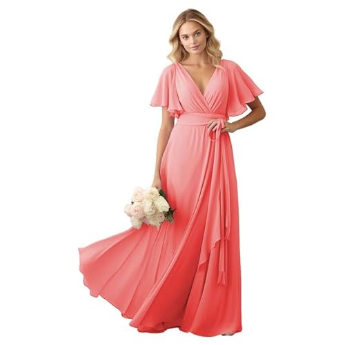 JIIL Brautjungfer Kleid Lang A-Linie 2024 Elegant Abendkleid für Hochzeit Rüschenärmel V-Ausschnitt Festkleid Koralle 50 von JIIL