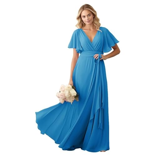 JIIL Brautjungfer Kleid Lang A-Linie 2024 Elegant Abendkleid für Hochzeit Rüschenärmel V-Ausschnitt Festkleid Meerblau 50 von JIIL