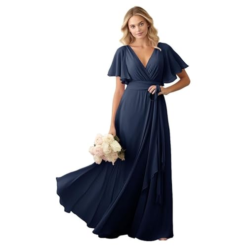 JIIL Brautjungfer Kleid Lang A-Linie 2024 Elegant Abendkleid für Hochzeit Rüschenärmel V-Ausschnitt Festkleid Navy 50 von JIIL