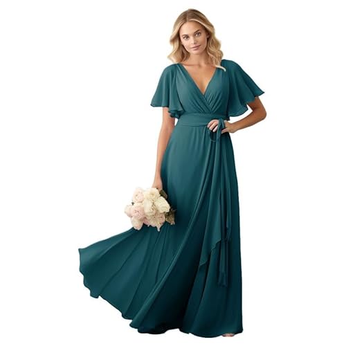 JIIL Brautjungfer Kleid Lang A-Linie 2024 Elegant Abendkleid für Hochzeit Rüschenärmel V-Ausschnitt Festkleid Pfau 50 von JIIL