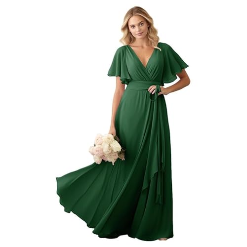 JIIL Brautjungfer Kleid Lang A-Linie 2024 Elegant Abendkleid für Hochzeit Rüschenärmel V-Ausschnitt Festkleid Smaragd 50 von JIIL