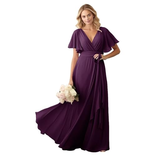 JIIL Brautjungfer Kleid Lang A-Linie 2024 Elegant Abendkleid für Hochzeit Rüschenärmel V-Ausschnitt Festkleid Traube 50 von JIIL